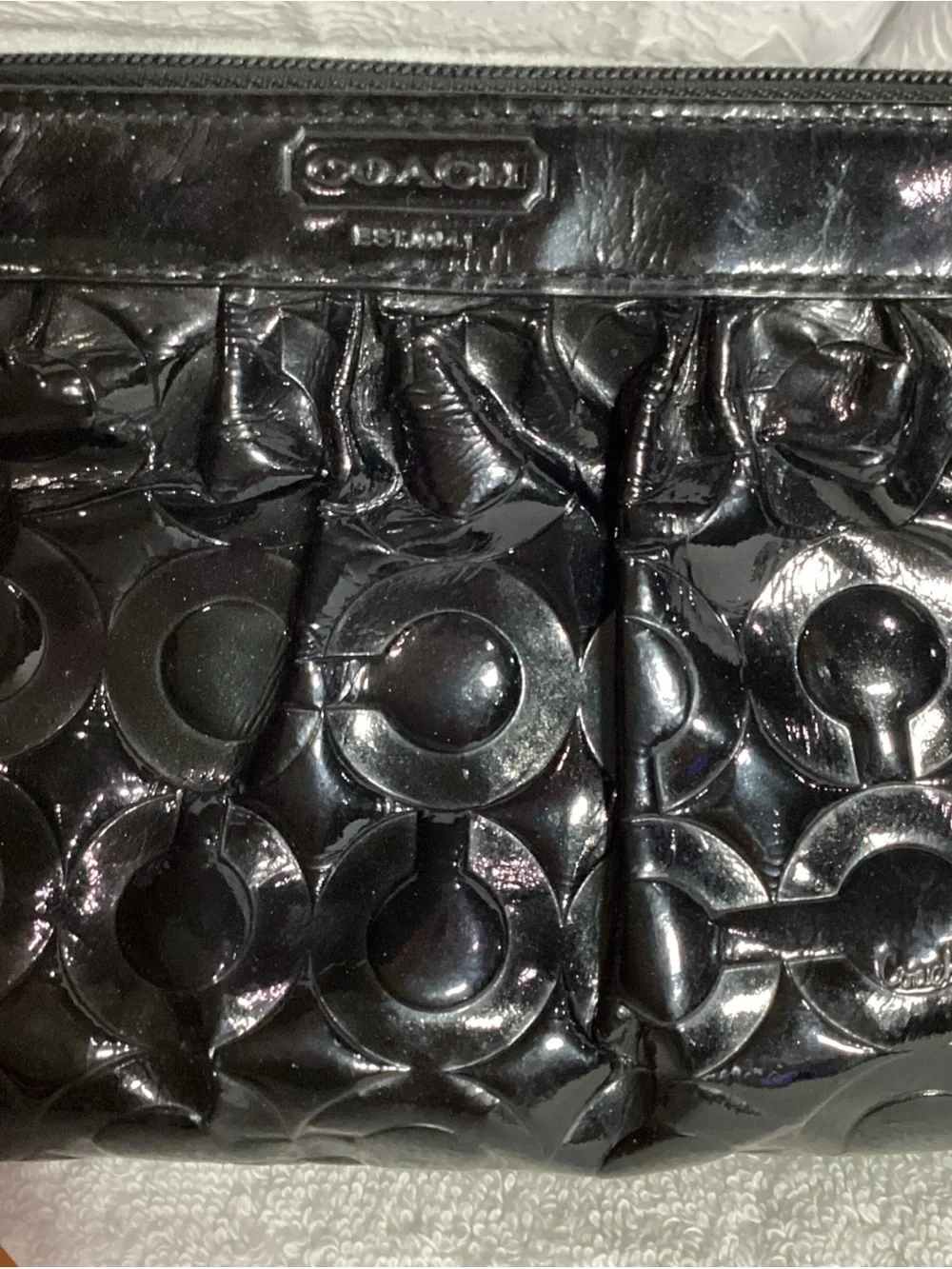 COACH Black Signature Embossed C Patent Leather Bag with Charm & Wrist Strap